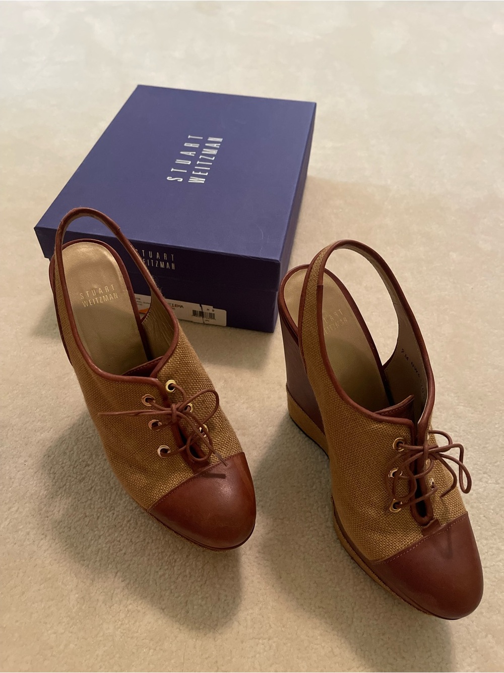 Stuart Weitzman Brown and Tan Lace-Up Slingback Wedges